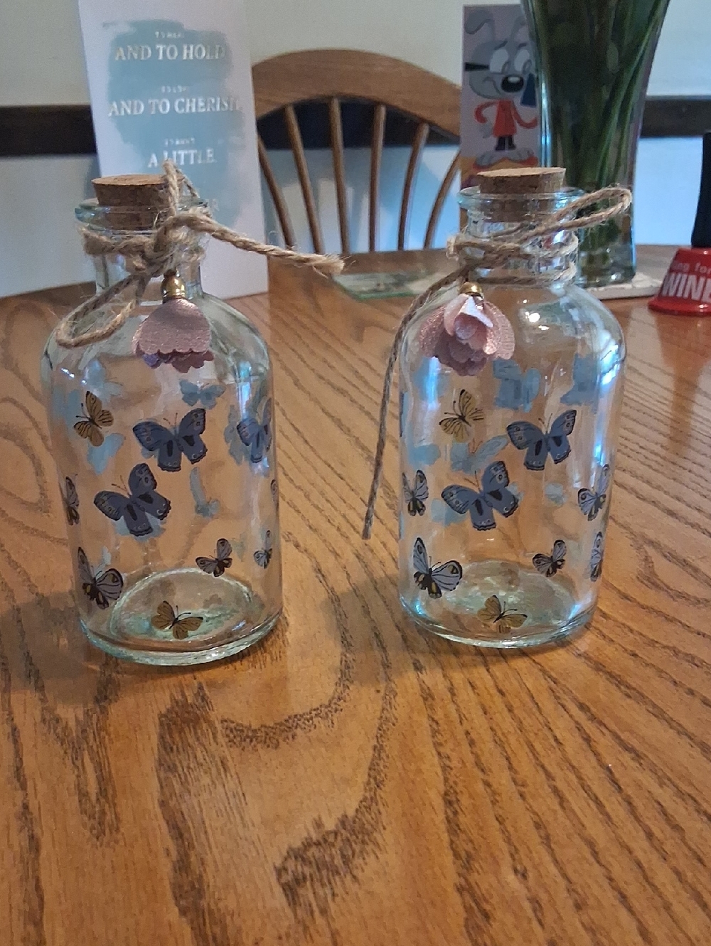 Decorative Glass Butterfly Bottles with Cork Stoppers - Pink/ Blue Accents
